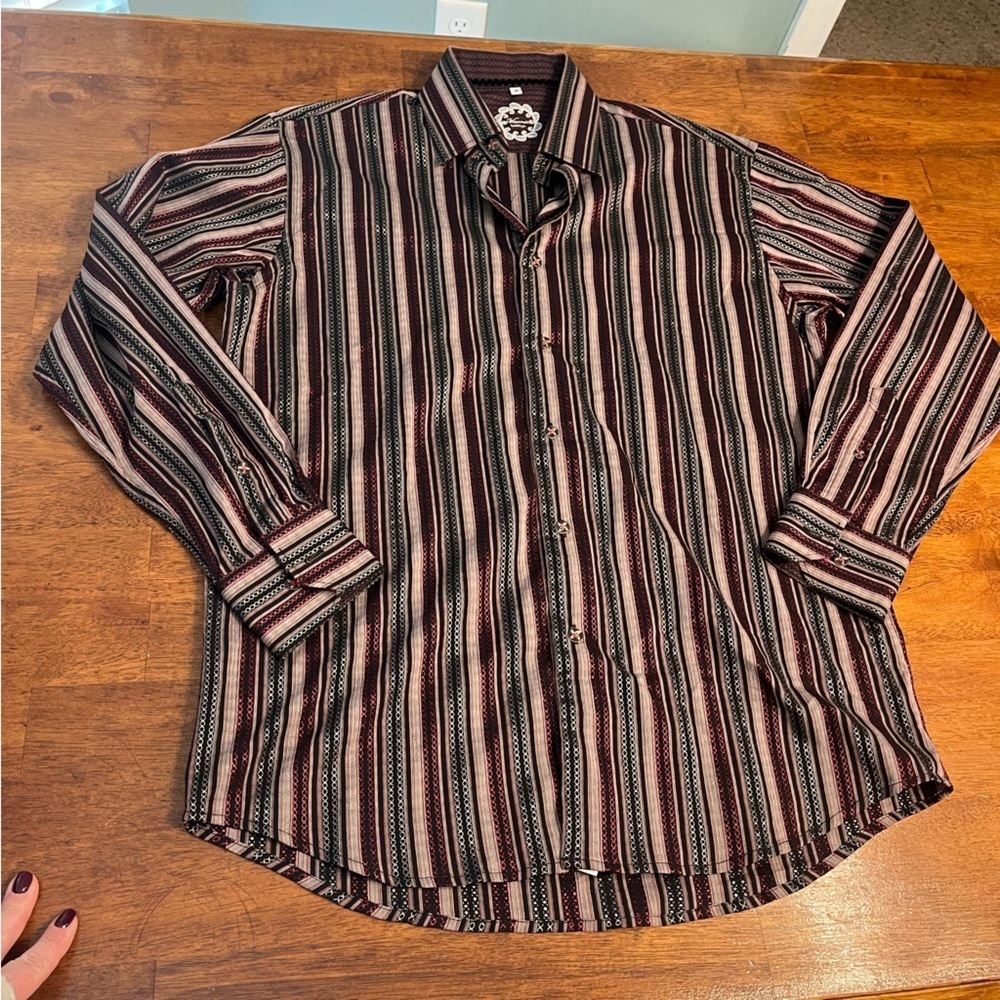 Visconti Uomo red cream metallic striped dress shirt size medium